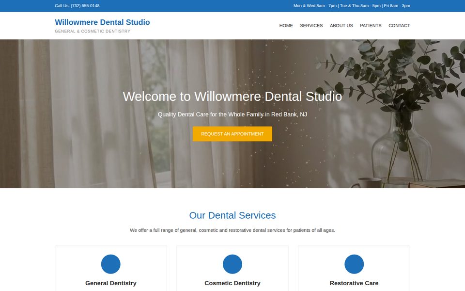 Willowmere's starting website: a blue template with a photo banner and three service boxes