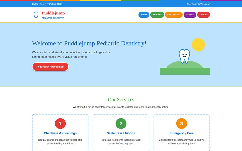 Puddlejump's starting website: bright template colors, a clip-art banner and three service boxes